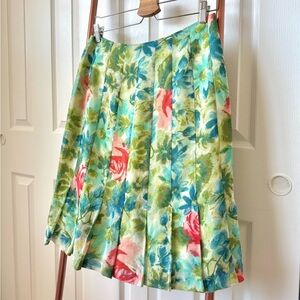 🌱Ann Taylor Blue & Green Silk Pleated Floral Skirt Size 4 🌺